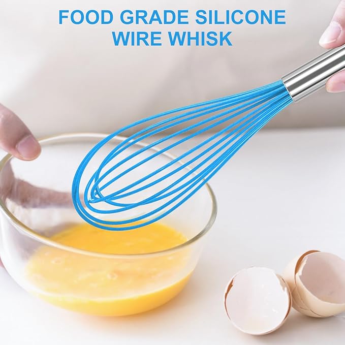 NileHome Whisk Commercial Stainless Steel wisk & Silicone Non-Stick Coated Small Whisk Set 8" 10" 12" Kitchen Wisk Wire Whisks for Cooking 3 Pack, Bule - Image 5