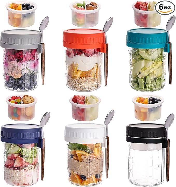 6 Pack Overnight Oats Containers with Lids and Spoons, 16 OZ Glass Mason Jars with Removable Separate Compartments, Airtight Leak Proof Oatmeal Container for Chia Pudding, Yogurt, Breakfast, Cereal by Wells