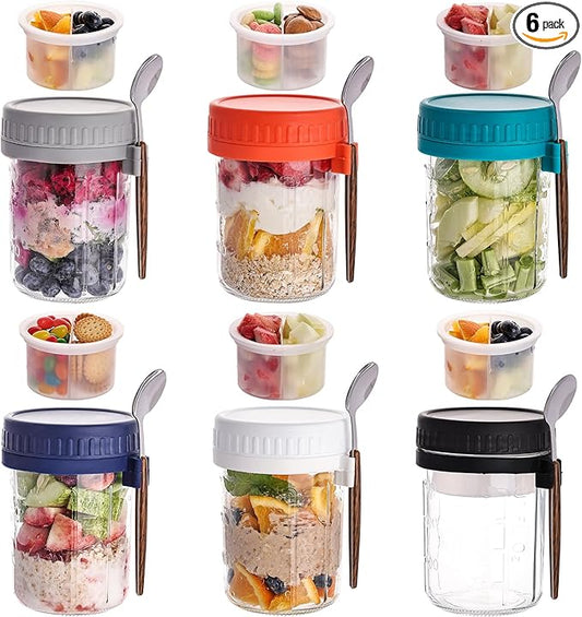 6 Pack Overnight Oats Containers with Lids and Spoons, 16 OZ Glass Mason Jars with Removable Separate Compartments, Airtight Leak Proof Oatmeal Container for Chia Pudding, Yogurt, Breakfast, Cereal by Wells