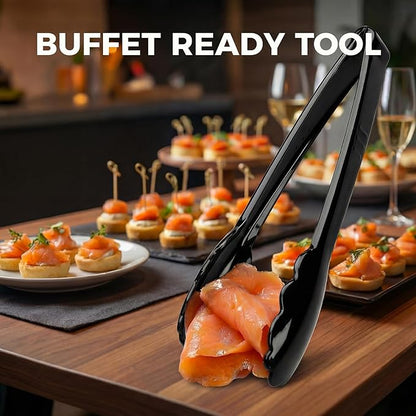 24 Pack Plastic Tongs for Serving, 9 Inch Disposable & Reusable Food Tongs with Scalloped Tips, Heavy Duty for BBQ, Catering, Buffet, Parties, Bulk Food Service (Black)