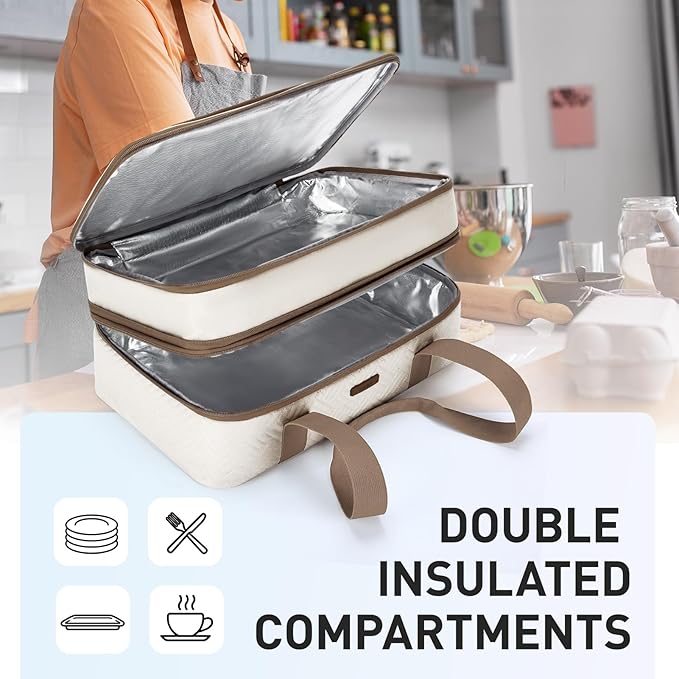 TOURIT Double Decker Insulated Casserole Carrier for Hot or Cold Food Expandable Thermal Food Carrier for Picnic Cookouts Potluck Parties Fits 9" x 13" Baking Dish - Image 6