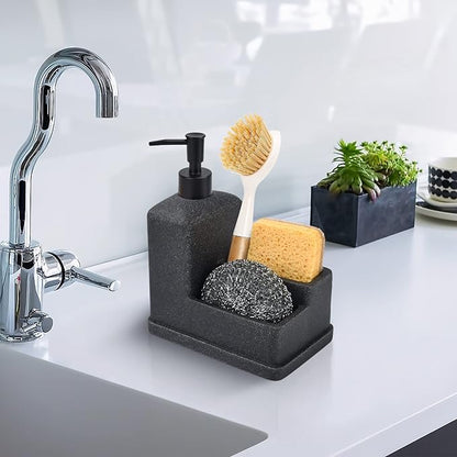 Dish Soap Dispenser with Sponge Holder,Liquid Hand and Dish Soap Dispenser and Spong Caddy with Brush Holder 3 in 1 Countertop Organizer for Kitchen Sink and Bathroom,Black