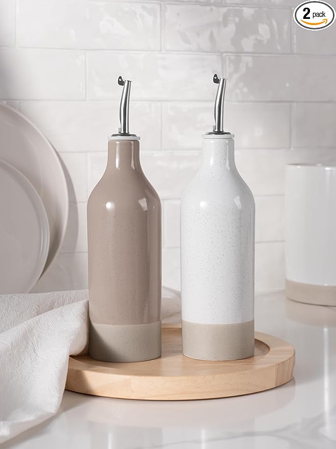 famiware Milkyway 16oz Ceramic Olive Oil Dispenser Bottle, Olive Oil and Vinegar Dispenser Bottle Set of 2 with Stainless Steel Pourers, Suitable for Storage Vinegar, Liquids, White and Cinnamon Brown