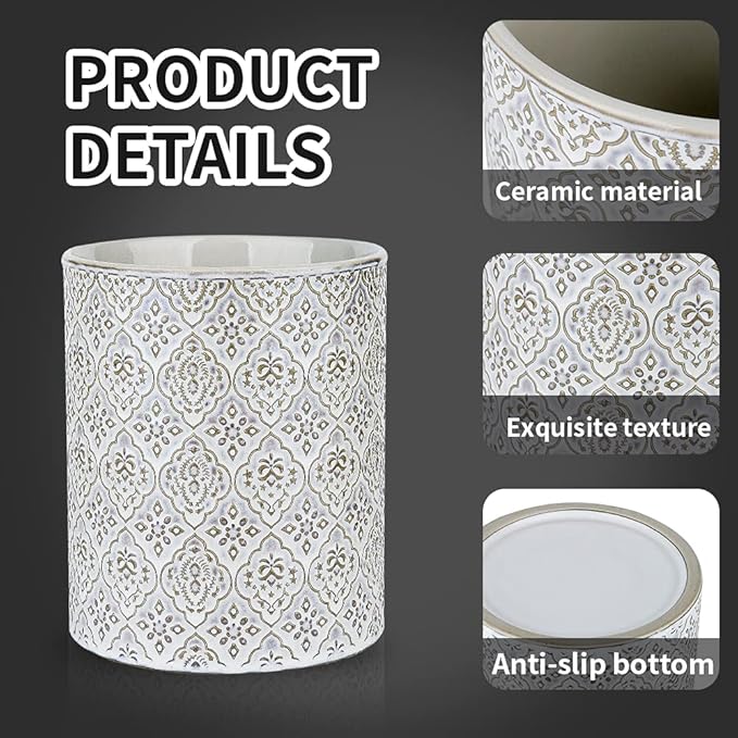 KOOV Kitchen Utensil Holder, Large Utensil Holders for Countertop, 6 x 7 Inches Ceramic Utensil Crock, Deep and Stable, Cooking Utensil Holder, Embossed Pattern, White - Image 2