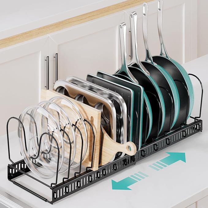 ORDORA Pots and Pans Organizer under Cabinet with Pot Lid Organizer, Expandable Rack for Pan and Pot Organizers Inside Cabinet, 11.8"-22.8" Adjustable with 14 Dividers for Kitchen Organization, Black - Image 2