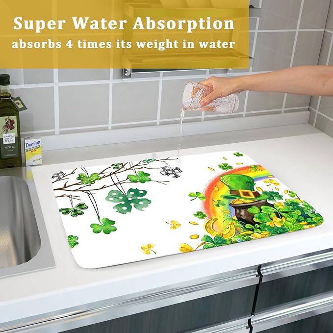 Giwawa St Patrick Dish Drying Mat Large Lucky Clover Tree Shamrock Dish Drainer Mats 18x24inch Spring Elf Hat Rainbow Colorful Fast Drying Absorbent Dish Drying Pad for Kitchen Counter Decor