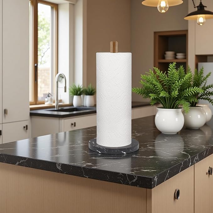 Buruis Wood Paper Towel Holder, Marble Base Modern Decorative Countertop Standing Rolls Holder for Kitchen, Toilet, Pantry and Bathroom (Marble Base Black) - Image 5