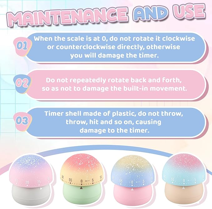Amylove 4 Pieces Cute Kitchen Timer Animal Mechanical Manual 60 Minutes Loud Alarm Egg Windup Timer for Adults(Mushroom)