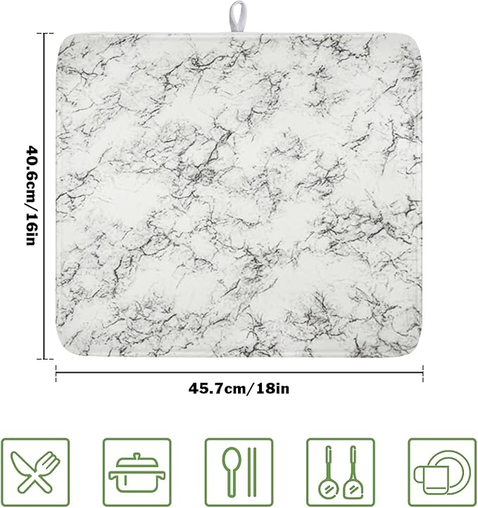 White Grey Marble Dish Drying Mat for Kitchen Counter Modern Marble Pattern Microfiber Dish Drainer Mat Absorbent Washable Drying Pad 16"x18"