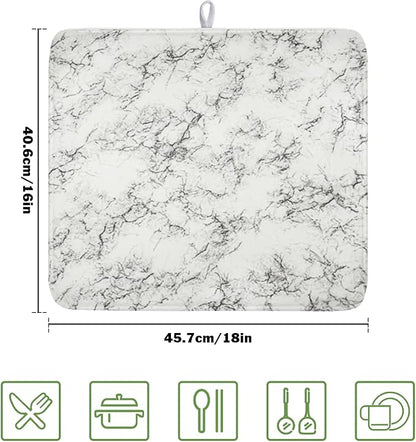 White Grey Marble Dish Drying Mat for Kitchen Counter Modern Marble Pattern Microfiber Dish Drainer Mat Absorbent Washable Drying Pad 16"x18"