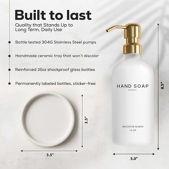 Luxury Glass Hand Soap Dispenser Bathroom Set by Brighter Barns - Hand Soap Dispenser with Stainless Steel Pump - Glass Bottle with Round Tray - White and Gold Bathroom Decor & Accessories (Gold) - Image 3