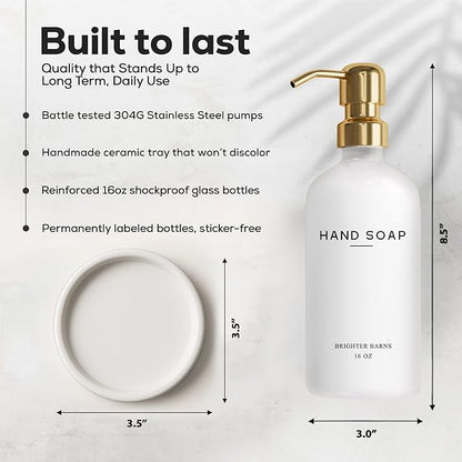 Luxury Glass Hand Soap Dispenser Bathroom Set by Brighter Barns - Hand Soap Dispenser with Stainless Steel Pump - Glass Bottle with Round Tray - White and Gold Bathroom Decor & Accessories (Gold) - Image 3