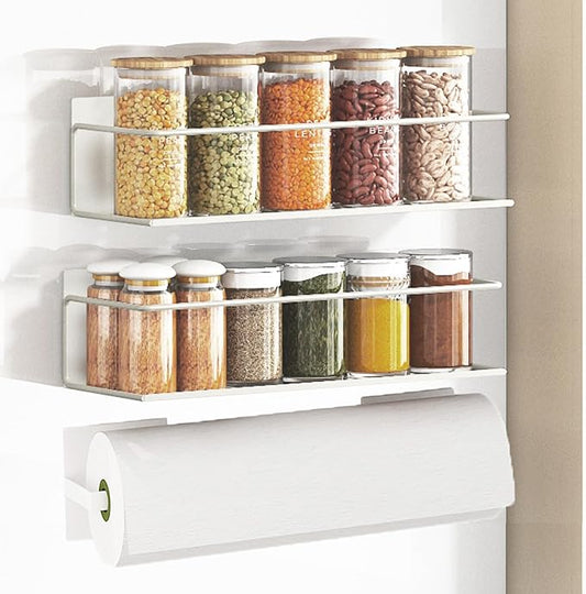 Magnetic Spice Rack for Refrigerator Magnetic Fridge Shelf for Kitchen Spice Organizer Magnetic Shelf for Fridge Space Saving White 2 Pack with Magnetic Paper Towel Holder by Roysili