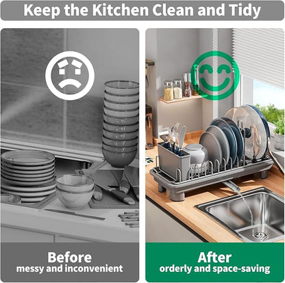 SanDream Small Dish Drying Rack with Removable Utensil Holder & Anti-Scratch Base - Stainless Steel Dish Rack, Dish Drying Rack with Drainage & Space Saving Design for Kitchen Counter, Gray - Image 6