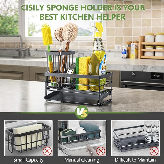 Cisily Sink Caddy Sponge Holder for Kitchen with Brush Holder and Stainless Steel Self Drain Tray, Rustproof Kitchen Sink Organizer for Sponge, Soap Dispenser Storage Accessories (Gray) - Image 2