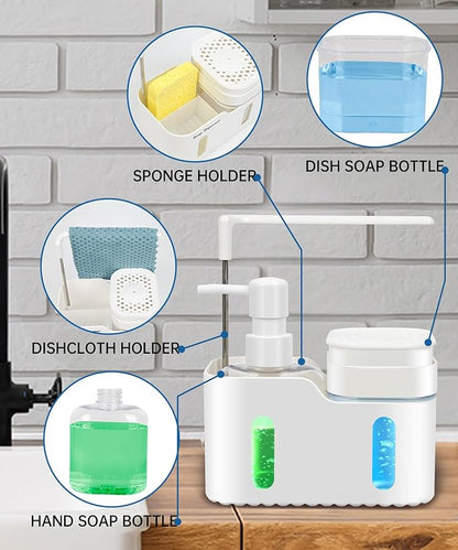 Hand Soap and Dish Soap Dispenser Set for Kitchen, Dual Soap Dispenser with Sponge Holder and Dishcloth Holder 4-in-1 Organizer for Kitchen Sink Countertop, Useful Kitchen Gadgets (White) - Image 2