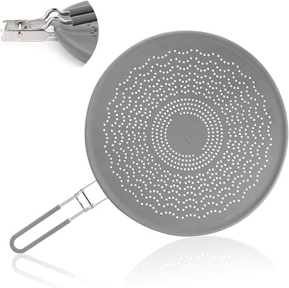 13” Silicone Splatter Screen Pan Cover with Folding Handle, Heat Insulation Cooling Mat, Strainer, Drain Board, Oil Splash Guard for Frying Pan