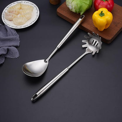 18/10 Stainless Steel Kitchen Utensils Set, 6 PCS All Metal Professional Cooking Utensils, 15" Long Kitchen Tools - Spatula, Ladle, Skimmer Spoon, Pasta Serve, Large Spoon, Slotted Spatula Tunner - Image 9