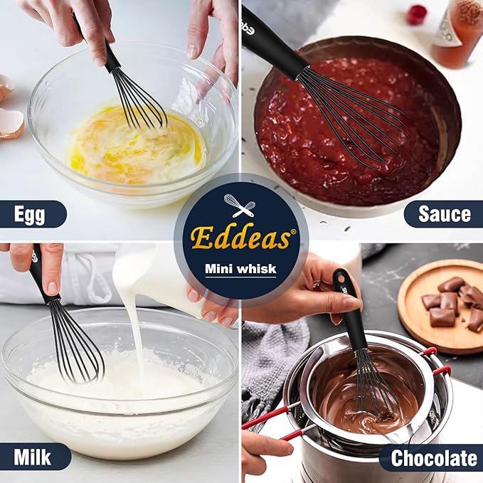 Eddeas Silicone Mini Whisk, Small whisks Non-Stick Tiny Whisks set of 2（5.5in & 7.5in）-Heat Resistant (450°F) Whisks, Balloon Egg Beater Perfect for Whisking, Beating, Mixing, Blending, Black - Image 4