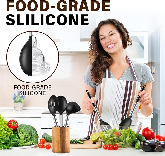 3 Pcs Silicone Cooking Spoon Set, Kitchen Utensils Include Solid & Slotted Spoon, Soup Ladle, Food-Grade Heat Resistant, Non-Scratch Spoons for Serving, Stirring, Draining, Dishwasher Safe, Black - Image 5