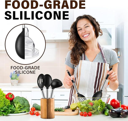 3 Pcs Silicone Cooking Spoon Set, Kitchen Utensils Include Solid & Slotted Spoon, Soup Ladle, Food-Grade Heat Resistant, Non-Scratch Spoons for Serving, Stirring, Draining, Dishwasher Safe, Black - Image 5