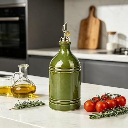 Ceramic Olive Oil Dispenser Bottle for Kitchen with Gold Gravity Spout, Large Capacity 23.6oz/700ml Oil Container, Suitable for Storage Olive Oil, Vinegar, Soy Sauce, Lemon Juice(Green)