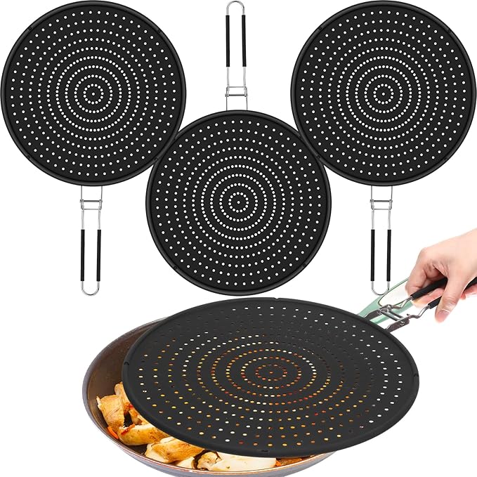 Tioncy 3 Pcs Silicone Splatter Screen for Frying Pan Grease Oil Splatter Collapsible Splash Guard Heat Resistant Multi Use for Baking and Cooking(Black) by Tioncy