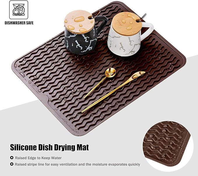 Silicone Dish Drying Mat, Non-Slip Easy Clean Sink Mat Large Heat-resistant Dish Drainer Mat for Kitchen Counter, Sink, Refrigerator or Drawer liner (18" x 16", COFFEE) - Image 3