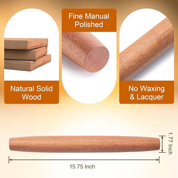 AISOSO French Rolling Pin, 15.75 Inches Wood Rolling Pins for Baking, Extra Long Classic Wooden Dough Roller for Fondant Pizza Pie Crust Cookie Pastry, Kitchen Baking Essentials, Brown - Image 2