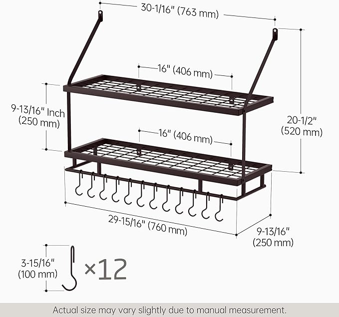 KES 30-Inch Oiled Bronze Pot Rack Wall Mounted, 2-Tier Hanging Pot and Pan Organizer with 12 Sturdy Hooks, Kitchen Wall Hanger Shelves Farmhouse Style, KUR215S75B-OB - Image 6