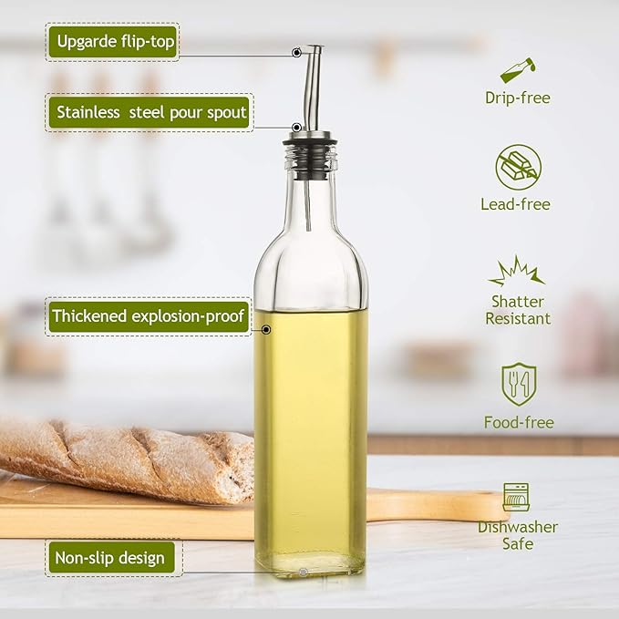 AOZITA [2 PACK] 17 oz Glass Olive Oil Dispenser Bottle Set - 500ml Clear Oil & Vinegar Cruet Bottle with Pourers, Funnel and Labels - Image 2