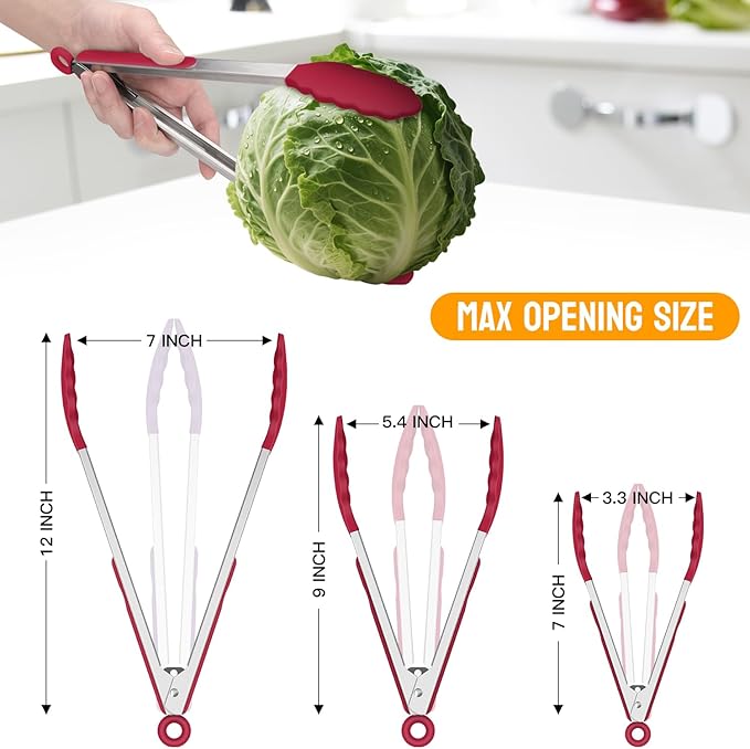 HOTEC Premium Stainless Steel Locking Kitchen Tongs with Silicon Tips, Set of 3-7", 9" and 12" (Red) - Image 8