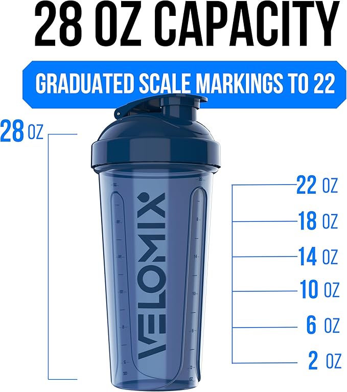 VELOMIX -2 Pack- 28 oz Protein Shaker Bottles for Protein Mixes - 2x Wire Whisk | Leak Proof Shaker Cups for Protein Shakes and Pre Workout | Protein Shaker Bottle Pack (A4) Blue/Black