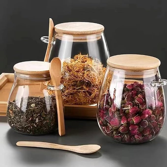 Airtight glass jar storage container with bamboo lid Set of 2, wide mouth, leak-proof, With a spoon, can be used for coffee beans, tea leaves, grains, dried fruits, etc (Middle) - Image 3