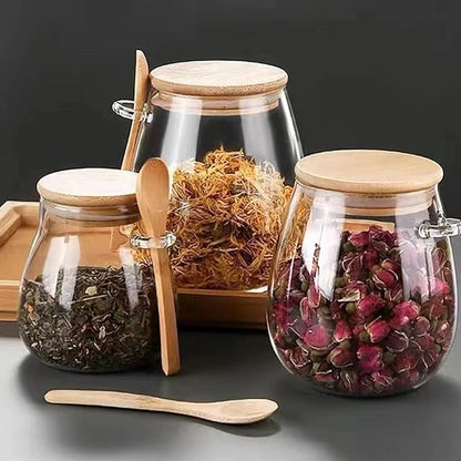 Airtight glass jar storage container with bamboo lid Set of 2, wide mouth, leak-proof, With a spoon, can be used for coffee beans, tea leaves, grains, dried fruits, etc (Middle) - Image 3