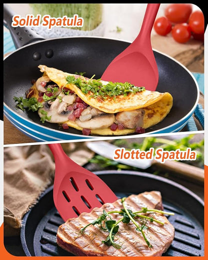 Pack of 2 Silicone Spatula, Non Stick Cooking Utensil Set Wooden Handle Kitchen Turner for Baking Mixing Grilling Serving Food Heat Resistant Non Scratch Hooks Included (Red) - Image 5