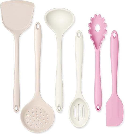 Onader Silicone Cooking Utensils Set, 6 Pcs Kitchen Utensils for Cooking, Heat Resistant Kitchen Gadgets Tools Set for Nonstick Cookware - 3 Mixed Color (Khaki & Pink & White)