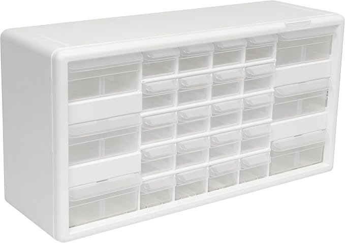 Akro-Mils 26-Drawer Plastic Drawer Storage Cabinet for Garage Organization, Bead Organizer, Building Bricks Storage, Teacher Toolbox, Makeup Organizer, 20" W x 6" D x 10" H, 10124 White by Akro-Mils