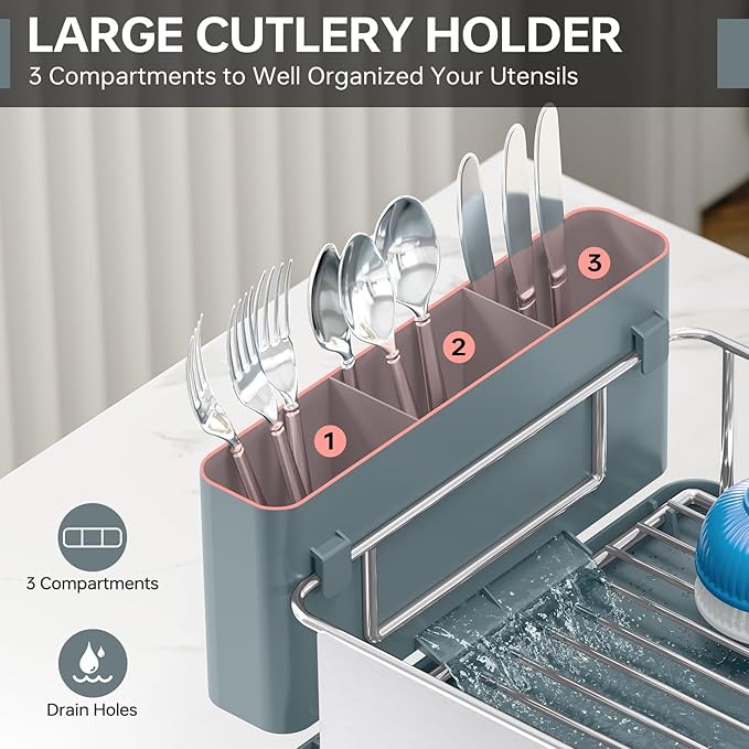Stainless Steel Dish Drying Rack - Large Capcity 304 Grade Dish Drainer for Kitchen Counter with Drain Board, Utensil Holder & Detachable Cup Shelf, Rustproof Multifunctional Organizer, Pale Blue - Image 5