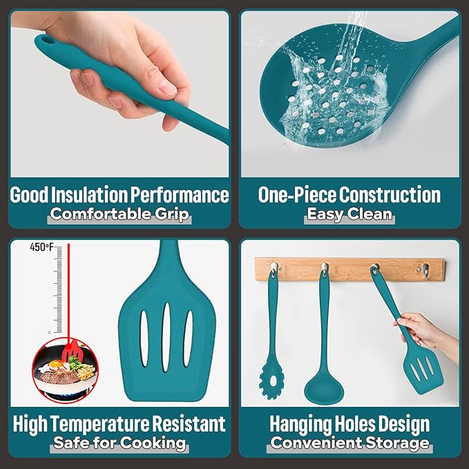 Silicone Kitchen Utensils Set, E-far 23 Pcs Blue Cooking Utensils Tools with Holder for Nonstick Cookware, Include Spatula/Spoon/Ladle/Tongs/Turner, Heat Resistant & Nontoxic, Dishwasher Safe - Image 3