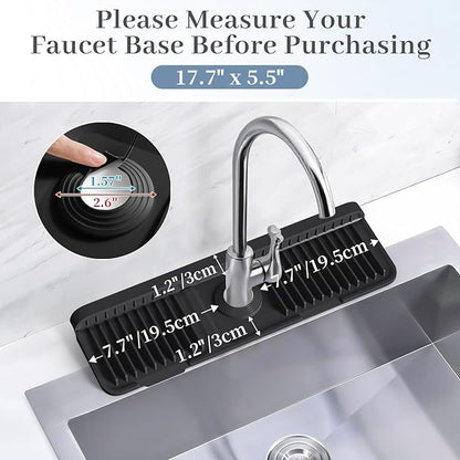 PoYang 17.7 inch Faucet Mat for Kitchen Sink Splash Guard, 7° Slope Silicone Sink Water Splash Guard for Kitchen Sink Area with Snap Button, Long Sink Protectors for kitchen Sink Sponge Holder, Black