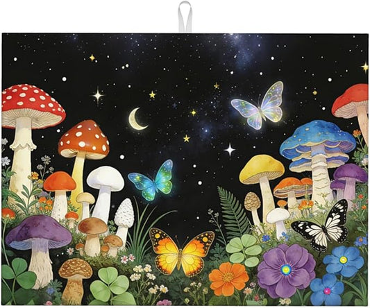 Mushroom Dish Drying Mat, for Kitchen Counter Microfiber Absorbent, Aesthetics Dish Draining Mat Extra Large 18"x24" by Vodbne