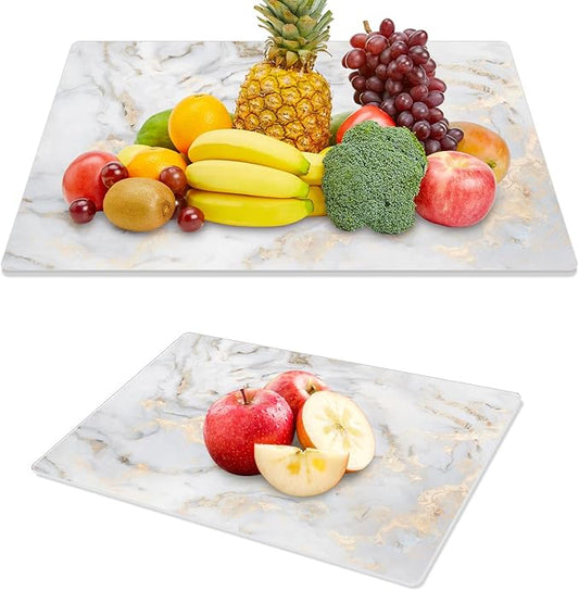 JAMBALAY Tempered Glass Cutting Boards for Kitchen, Gold 12"x8" & 16"x12" Glass Cutting Board Set with Marble Design, With Non Slip Foot, Shatter and Heat Resistant, Dishwasher Safe
