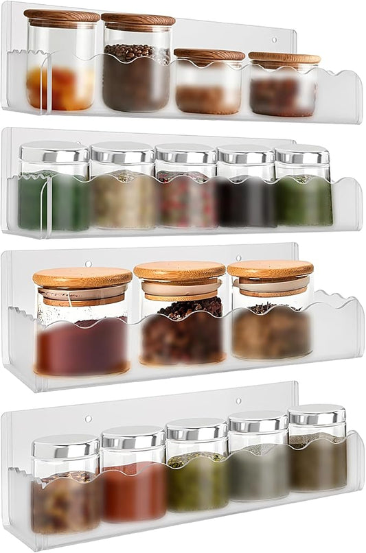 10 inch Spice Rack Wall Mounted,4 Pack Spice Organizer Shelf for Stove Cabinet Pantry Door, Adhesive or Screw Hanging Wall Spice Shelf Storage Holder in Kitchen and RV - Frost Color