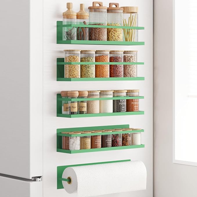 Magnetic Spice Rack For Refrigerator Magnetic Fridge Shelf For Kitchen Spice Organizer Magnetic Shelf For Fridge Space Saving Green 4 Pack With Magnetic Paper Towel Holder by Roysili