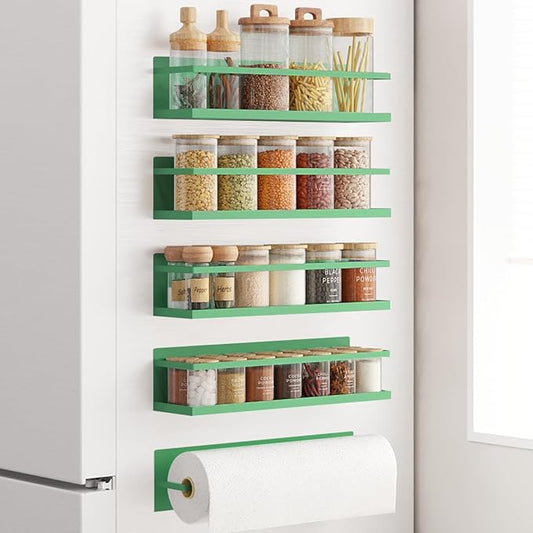 Magnetic Spice Rack For Refrigerator Magnetic Fridge Shelf For Kitchen Spice Organizer Magnetic Shelf For Fridge Space Saving Green 4 Pack With Magnetic Paper Towel Holder by Roysili