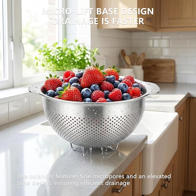 18/8 Stainless Steel Colander for Kitchen - Fine Mesh Strainer with Handle - Rice Strainer Fine Mesh for Vegetables, Fruits, Eggs, Noodles and Pasta, Collander, Dishwasher Safe (4QT)