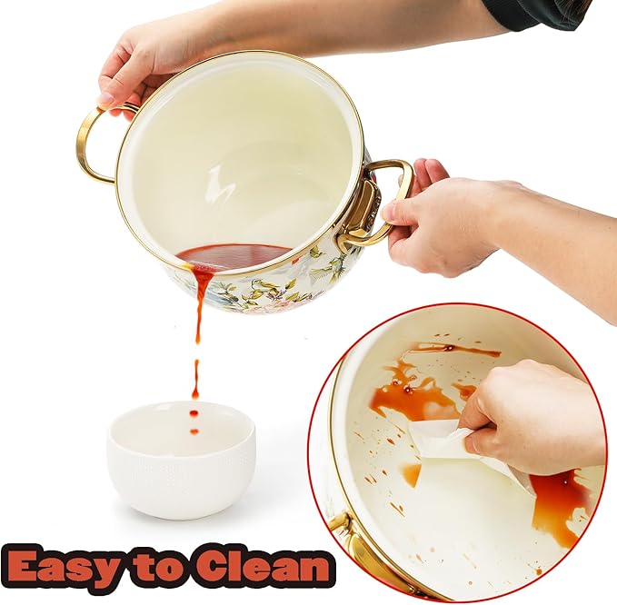SOUJOY 2.8 Quart Enamel Stockpot with Glass Lid, Vintage Floral Soup Pot, Non-Stick Bean Stew Simmer Pot with Handle for Kitchen, Induction & Gas Stove Safe, Mother's Day, Wedding, Christmas Gift - Image 4