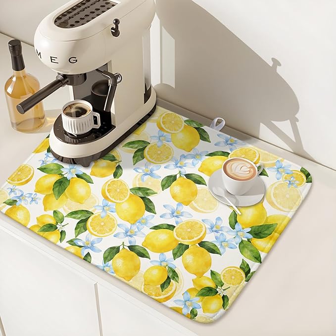 Kawani Lemon Dish Drying Mat 16x18 Inch Absorbent Reversible Spring Summer Drying Mat Floral Lemon Fruits Dish Drying Rack Mat Yellow Summer Themed Dish Drainer Mat for Kitchen Counter Coffee Bar