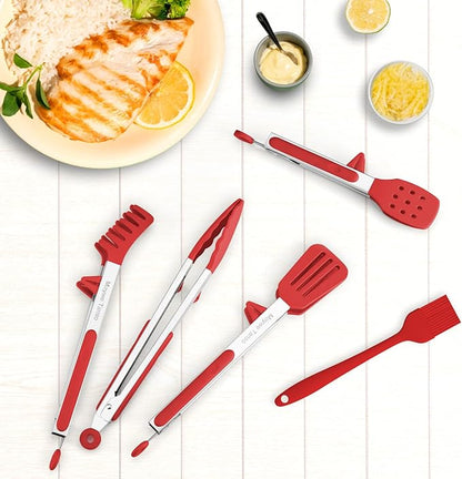 5-Pack Silicone Tongs for Cooking,Maywe Tanso 4PCS 13-Inch Kitchen Tongs with Silicone Tips,Nonstick Stainless Steel Tong for Steak Pie Pizza Pasta Spaghetti Salad BBQ Buffet,Plus Brush - Image 4